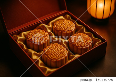Square box with mooncakes neatly placed for traditional presentation. Moon cake festival concept Square box with mooncakes neatly placed for traditional presentation. Moon cake festival concept 130430720