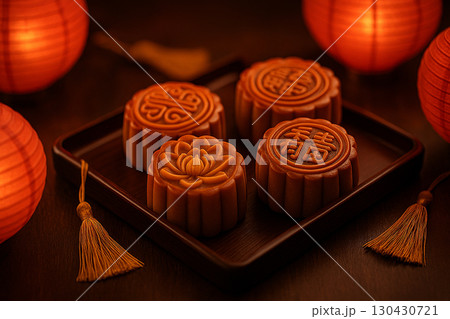 Red festive background with grouped mooncakes creating celebratory feel. Moon cake festival concept 130430721