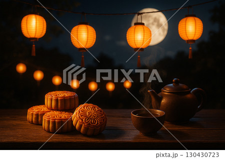 Bright orange lanterns with mooncakes displayed in festive harmony. Moon cake festival concept Bright orange lanterns with mooncakes displayed in festive harmony. Moon cake festival concept 130430723