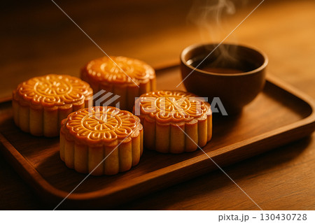 Traditional mooncakes with tea served elegantly on black tray for cultural festivity. Moon cake festival concept 130430728