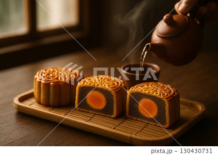 Mooncakes presented with tea set on wooden surface for authentic celebration. Moon cake festival concept 130430731