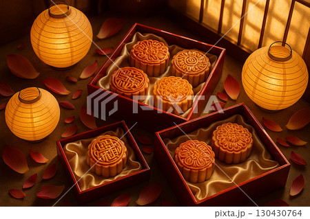 Assorted mooncakes with tea cups and nuts on festive tray evoking traditional celebration. Moon cake festival concept Assorted mooncakes with tea cups and nuts on festive tray evoking traditional celebration. Moon cake festival concept 130430764