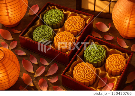 Colorful mixed mooncakes in decorative...のイラスト素材 [130430766] - PIXTA