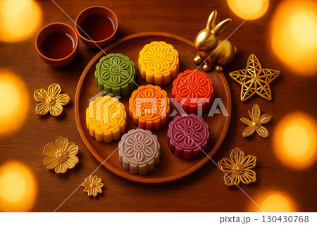Bright colorful mooncakes displayed in round tray with golden lighting. Moon cake festival concept 130430768