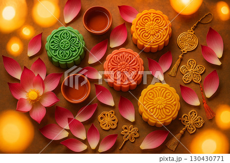 Colorful mooncakes arranged artistically with lanterns in background. Moon cake festival concept 130430771