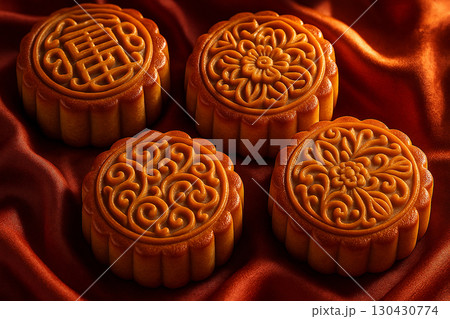 Stacked mooncakes in circular arrangement showing unity and traditional joy. Moon cake festival concept 130430774