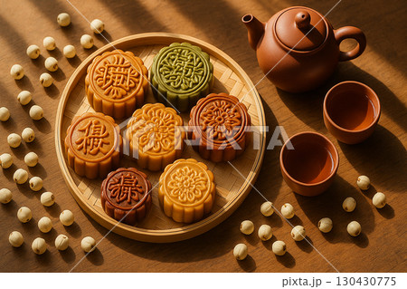 Assorted mooncakes with teapot and cups arranged neatly for sharing ritual. Moon cake festival concept 130430775