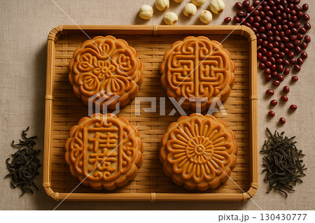 Four square mooncakes arranged in decorative box with golden patterns. Moon cake festival concept Four square mooncakes arranged in decorative box with golden patterns. Moon cake festival concept 130430777