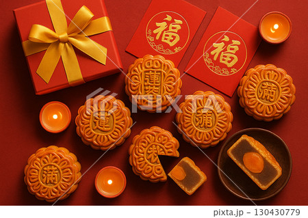 Assorted mooncakes on red festive background with golden gift box. Moon cake festival concept Assorted mooncakes on red festive background with golden gift box. Moon cake festival concept 130430779