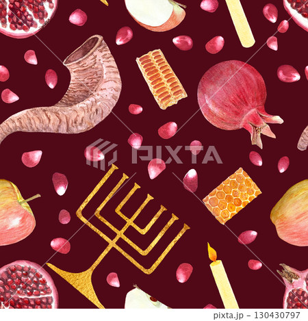 Shofar, apple, pomegranate, honeycomb, menorah, candle watercolor seamless pattern on dark brown background. High quality hand painted elements perfect for Rosh Hashanah, Yom Kippur textile, scrapbook Shofar, apple, pomegranate, honeycomb, menorah, candle watercolor seamless pattern on dark brown background. High quality hand painted elements perfect for Rosh Hashanah, Yom Kippur textile, scrapbook 130430797