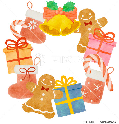 水彩で描いたクリスマスリースのイラストフレーム 130430923