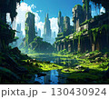 青空の下に立ち並ぶ植物に覆われたボロボロの廃墟のビル群　ai生成画像 130430924