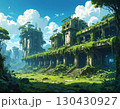 青空の下の苔むしたボロボロの廃墟の建物　ai生成画像 130430927