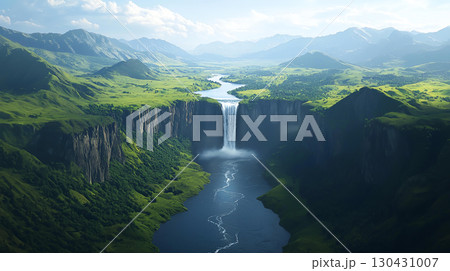 Landscape background Aerial view of stunning waterfall cascading into deep river, surrounded by lush green mountains and valleys, creating serene and picturesque landscape 130431007
