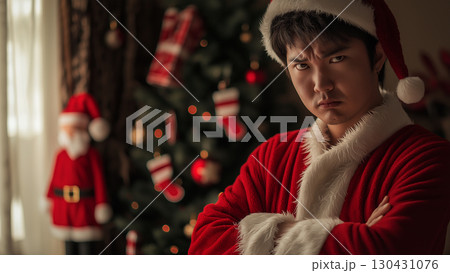 腕を組んで怒るサンタクロースの格好をした日本人男性 130431076
