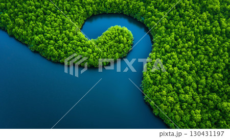 Landscape background Aerial view of winding river surrounded by lush green trees, showcasing nature beauty and tranquility. vibrant greenery contrasts beautifully with deep blue water 130431197