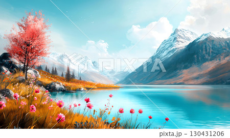 Landscape background serene alpine lake with turquoise water surrounded by majestic mountains and vibrant flowers. scene captures beauty of nature in tranquil setting Landscape background serene alpine lake with turquoise water surrounded by majestic mountains and vibrant flowers. scene captures beauty of nature in tranquil setting 130431206