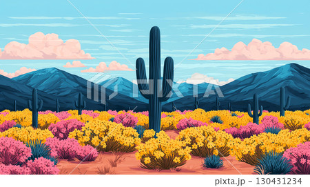 Landscape background vibrant desert landscape filled with blooming wildflowers and cacti, showcasing stunning array of colors against backdrop of mountains and blue sky 130431234