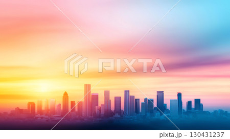 Cityscape background vibrant city skyline at sunset, showcasing skyscrapers silhouetted against colorful sky. warm hues of orange, pink, and blue create serene atmosphere 130431237