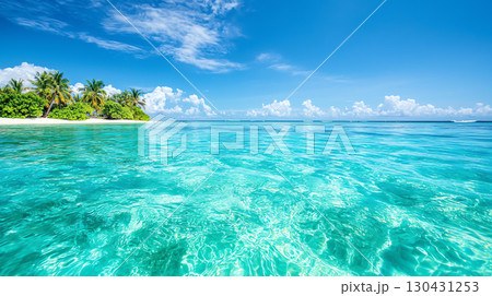 Landscape background Crystal clear ocean waters with visible coral reefs and lush greenery. vibrant blue sky complements serene tropical landscape, creating peaceful and inviting atmosphere 130431253