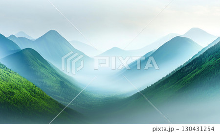Landscape background Breathtaking mountain valley with layered peaks and lush green forests, enveloped in mist, creating serene and tranquil atmosphere Landscape background Breathtaking mountain valley with layered peaks and lush green forests, enveloped in mist, creating serene and tranquil atmosphere 130431254