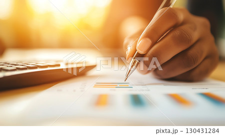 person analyzing financial data taxes calculation with pen and calculator, focusing on graphs and charts in sunlit office 130431284