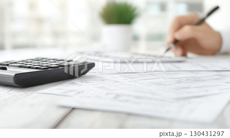 person is diligently reviewing tax documents and financial papers with calculator on desk, focusing on accuracy and detail in bright office setting 130431297