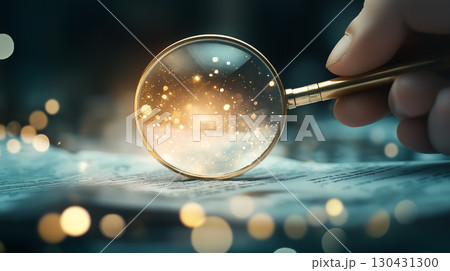 magnifying glass held over document, highlighting text with magical glow, symbolizes scrutiny and discovery. scene is filled with sense of wonder and focus 130431300
