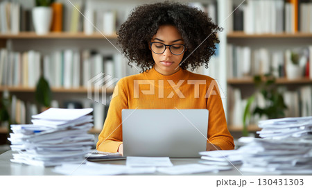 focused woman in bright sweater works on laptop surrounded by stacks of papers in modern office, concentrating on her tasks 130431303