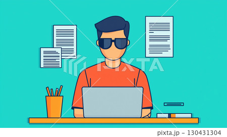 person wearing sunglasses works on laptop at desk, surrounded by documents and pencil holder, in minimalist illustration 130431304