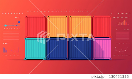 Colorful shipping containers stacked against red background, surrounded by abstract graphs and charts, symbolizing global trade and impact of tariffs 130431336