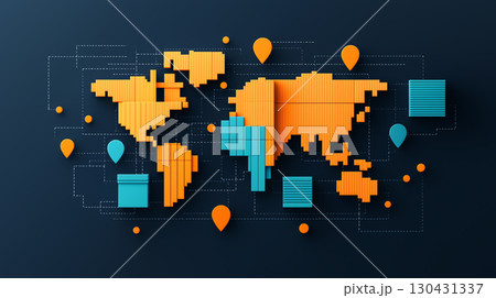 3D world map with orange and blue blocks represents global trade dynamics, highlighting effects of tariffs and international commerce. design is modern and abstract 3D world map with orange and blue blocks represents global trade dynamics, highlighting effects of tariffs and international commerce. design is modern and abstract 130431337
