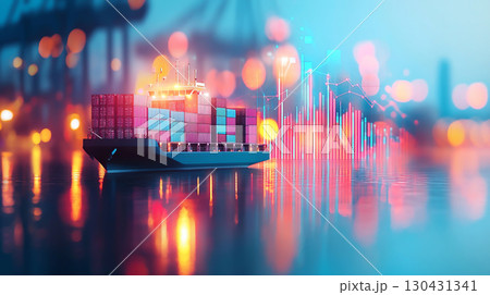 cargo ship sails through vibrant port, with colorful containers and glowing data charts illustrating global trade dynamics and impact of tariffs on international commerce cargo ship sails through vibrant port, with colorful containers and glowing data charts illustrating global trade dynamics and impact of tariffs on international commerce 130431341