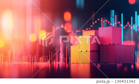 Colorful shipping containers stacked against backdrop of financial graphs, illustrating global trade dynamics and impact of tariffs on international commerce Colorful shipping containers stacked against backdrop of financial graphs, illustrating global trade dynamics and impact of tariffs on international commerce 130431342