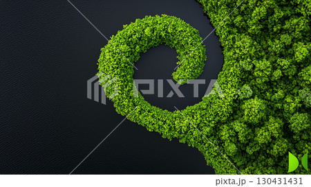 Landscape background Aerial view of winding lake surrounded by lush green trees, showcasing nature beauty and tranquility. vibrant greenery creates serene atmosphere 130431431