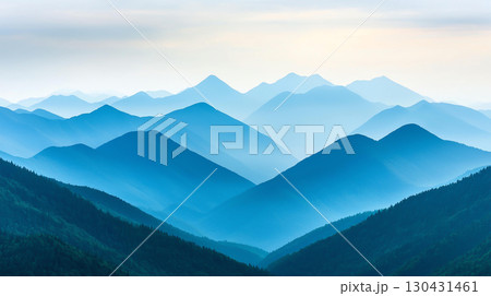 Landscape background Majestic mountain landscape with layered peaks and serene blue tones, showcasing beauty of nature tranquility and depth 130431461