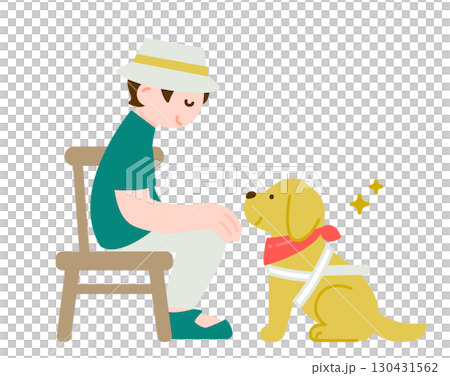 A blind person and their guide dog sitting on a chair in a cafe 130431562