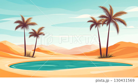 Landscape background serene desert oasis featuring small pool of water surrounded by palm trees and sandy dunes, evoking sense of tranquility and natural beauty 130431569