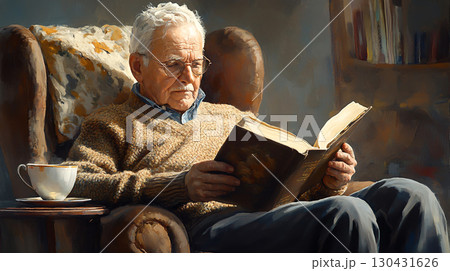 elderly man reading book in cozy armchair with cup of tea 130431626