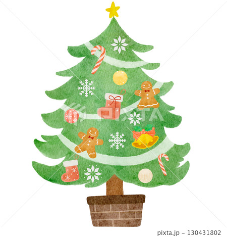 水彩で描いたクリスマスツリーのイラストのイラスト素材 [130431802