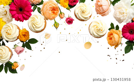 Flowers: Bright illustrations and flowers form a decorative border, isolated on a white background. 130431958