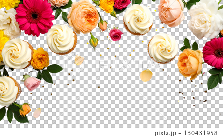 Flowers: Bright illustrations and flowers form a decorative border, isolated on a white background. Flowers: Bright illustrations and flowers form a decorative border, isolated on a white background. 130431958