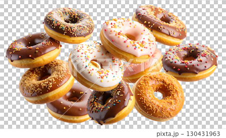 Delicious chocolate donuts with sprinkles on white background Delicious chocolate donuts with sprinkles on white background 130431963