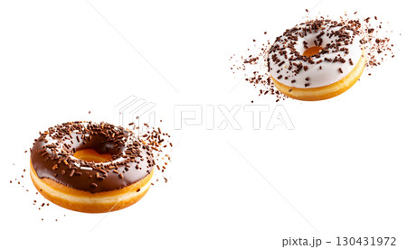 Delicious chocolate donuts with sprinkles on white background Delicious chocolate donuts with sprinkles on white background 130431972