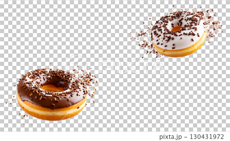 Delicious chocolate donuts with sprinkles on white background Delicious chocolate donuts with sprinkles on white background 130431972