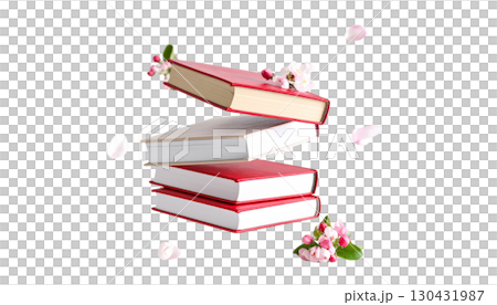 A stack of colorful books decorated with red ribbons, representing a journey of education and the pursuit of knowledge, isolated on a white background. 130431987
