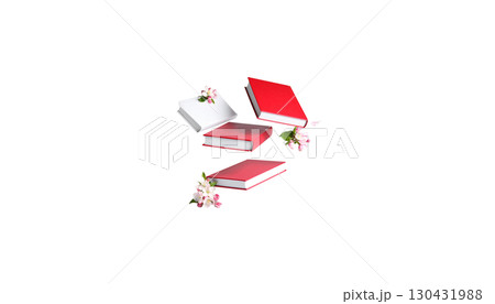 A stack of colorful books decorated with red ribbons, representing a journey of education and the pursuit of knowledge, isolated on a white background. 130431988