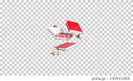 A stack of colorful books decorated with red ribbons, representing a journey of education and the pursuit of knowledge, isolated on a white background. 130431988