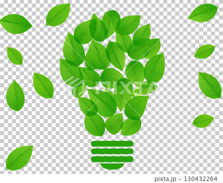 Green eco light bulb with leaves symbolizing energy, innovation and environmental growth isolated on white background 130432264