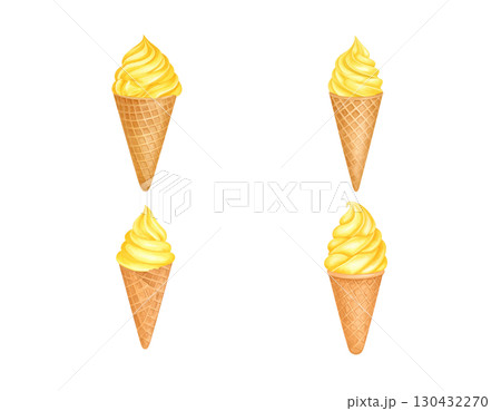 A set of delicious cold ice cream cones with sweet flavors such as chocolate, vanilla and strawberry, isolated on a white background. 130432270